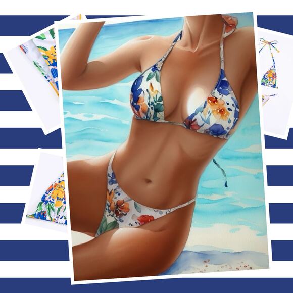 Floral Print Triangle Top String Bikini Small - Picture 1 of 8